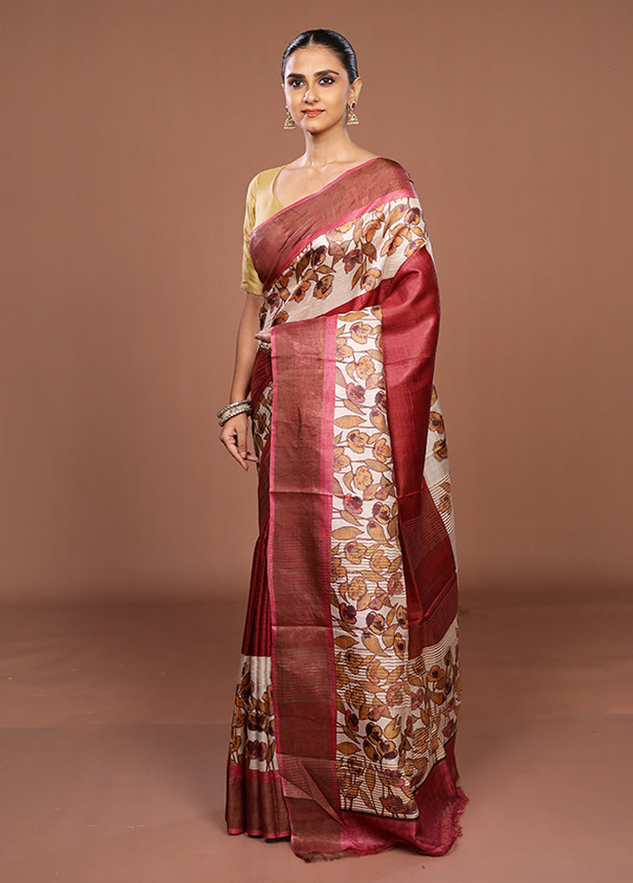 Cream Handloom Tussar Pure Silk Saree With Blouse Piece
