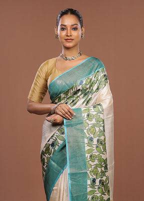 White Handloom Tussar Pure Silk Saree With Blouse Piece