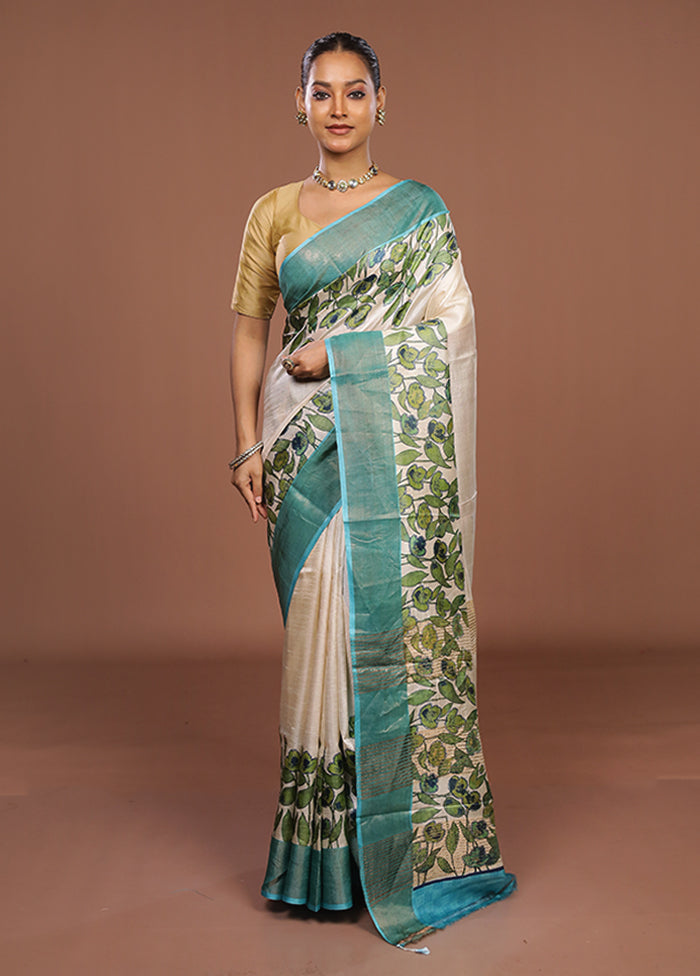 White Handloom Tussar Pure Silk Saree With Blouse Piece