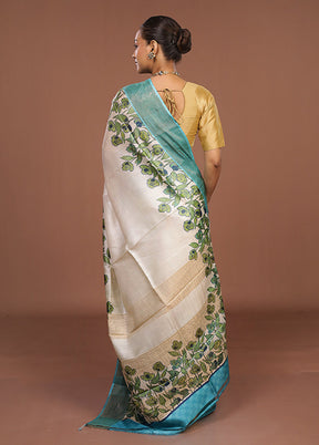 White Handloom Tussar Pure Silk Saree With Blouse Piece