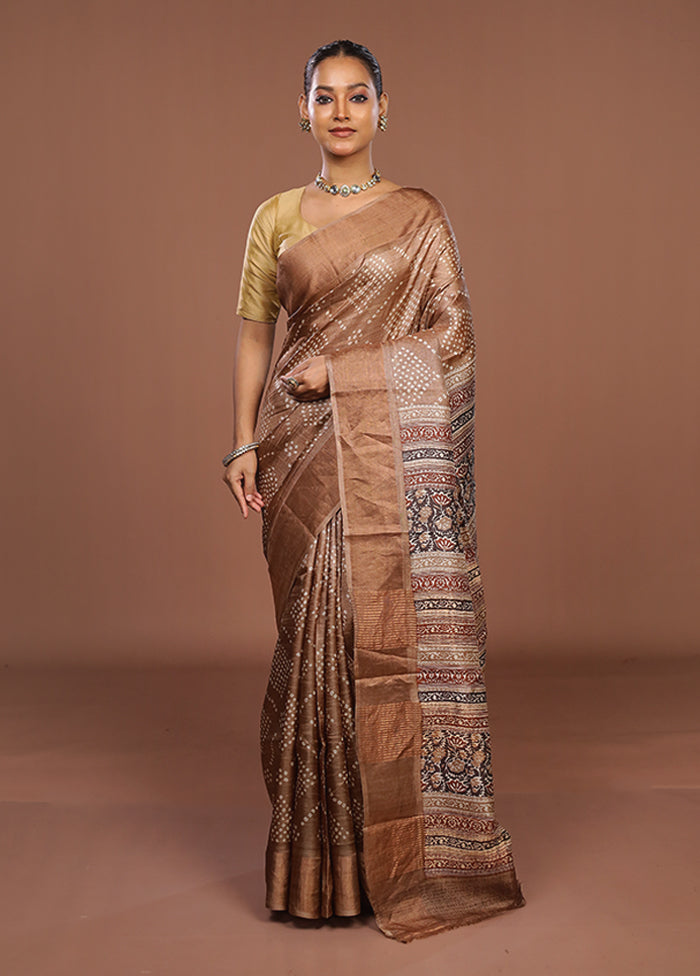 Cream Handloom Tussar Pure Silk Saree With Blouse Piece