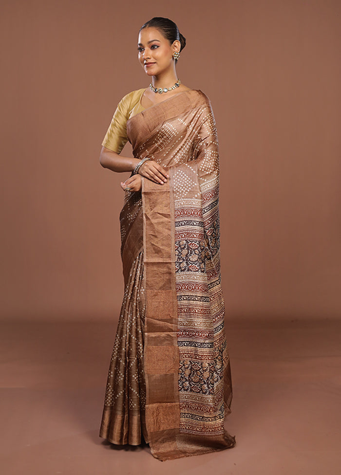 Cream Handloom Tussar Pure Silk Saree With Blouse Piece