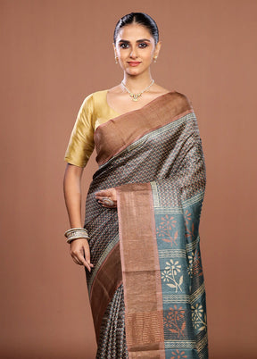 Green Handloom Tussar Pure Silk Saree With Blouse Piece