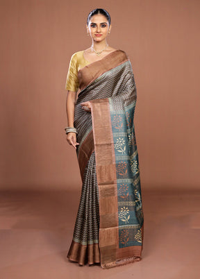 Green Handloom Tussar Pure Silk Saree With Blouse Piece