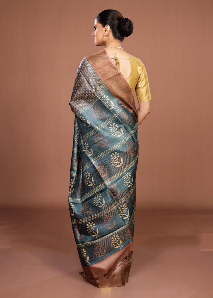 Green Handloom Tussar Pure Silk Saree With Blouse Piece