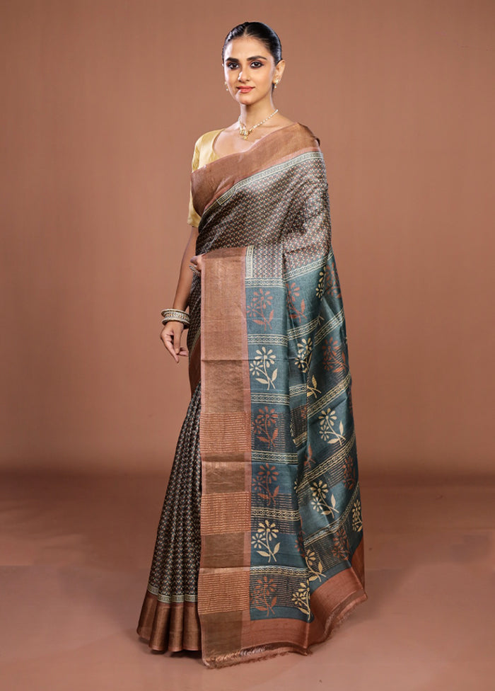 Green Handloom Tussar Pure Silk Saree With Blouse Piece