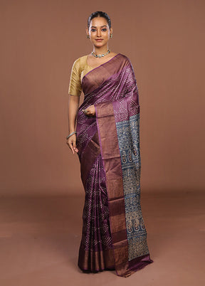 Purple Handloom Tussar Pure Silk Saree With Blouse Piece