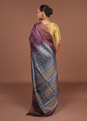 Purple Handloom Tussar Pure Silk Saree With Blouse Piece