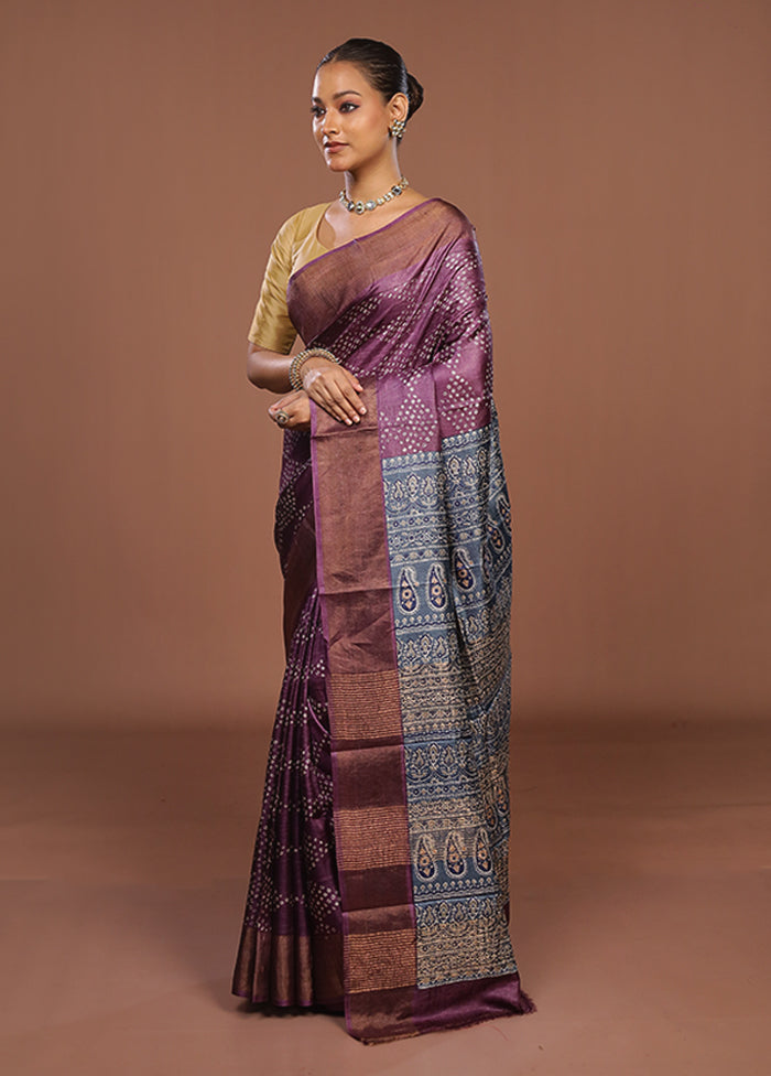 Purple Handloom Tussar Pure Silk Saree With Blouse Piece