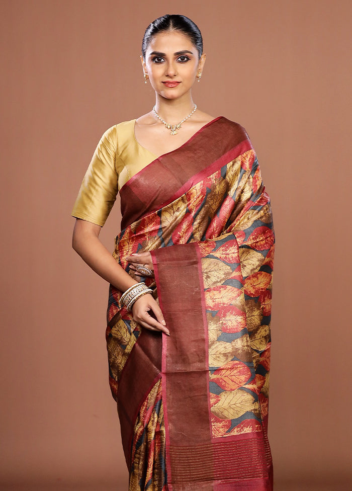 Multicolor Handloom Tussar Pure Silk Saree With Blouse Piece