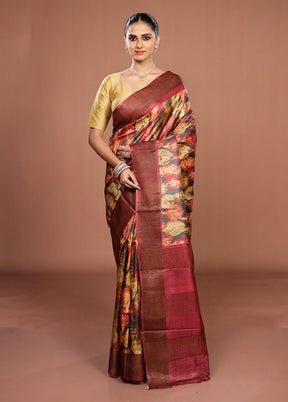 Multicolor Handloom Tussar Pure Silk Saree With Blouse Piece