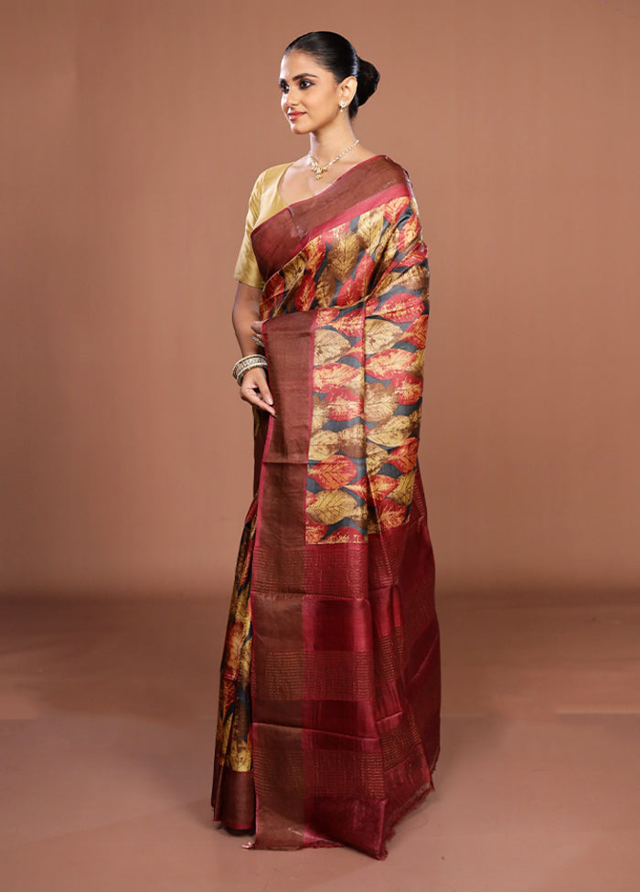 Multicolor Handloom Tussar Pure Silk Saree With Blouse Piece