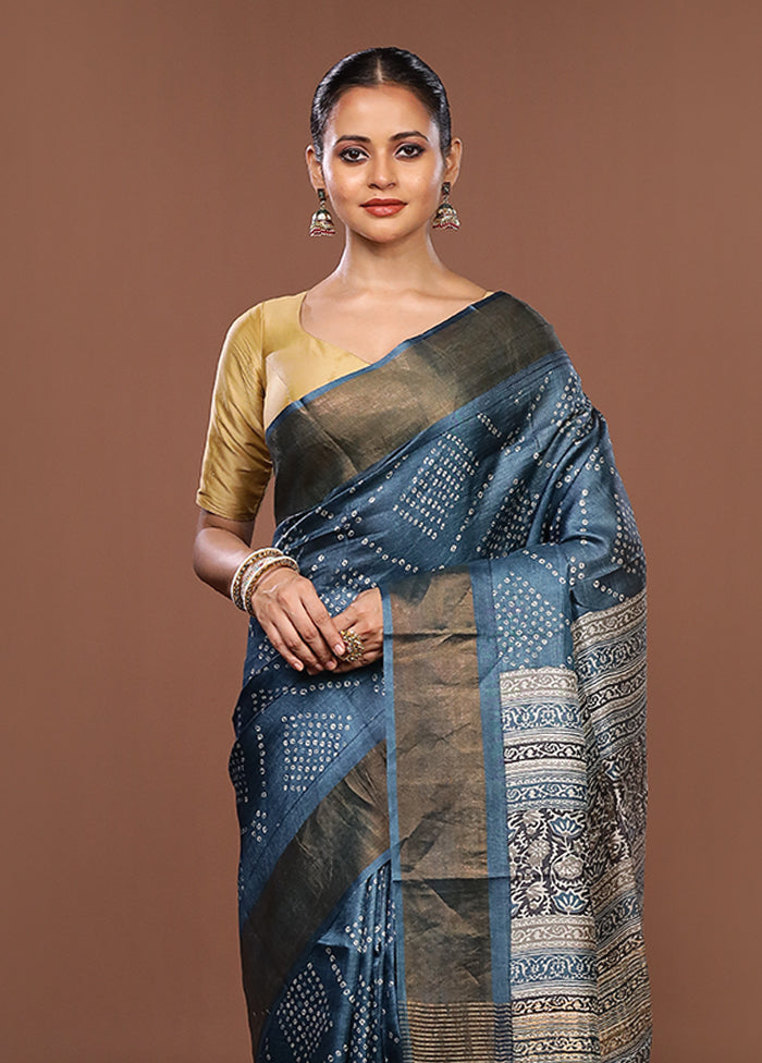 Blue Handloom Tussar Pure Silk Saree With Blouse Piece