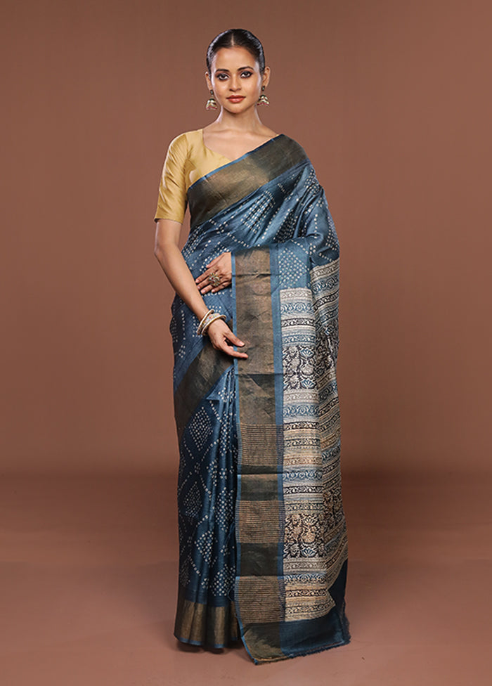 Blue Handloom Tussar Pure Silk Saree With Blouse Piece