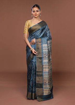 Blue Handloom Tussar Pure Silk Saree With Blouse Piece