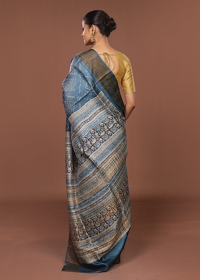 Blue Handloom Tussar Pure Silk Saree With Blouse Piece