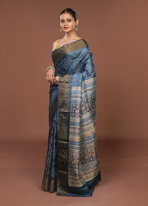 Blue Handloom Tussar Pure Silk Saree With Blouse Piece