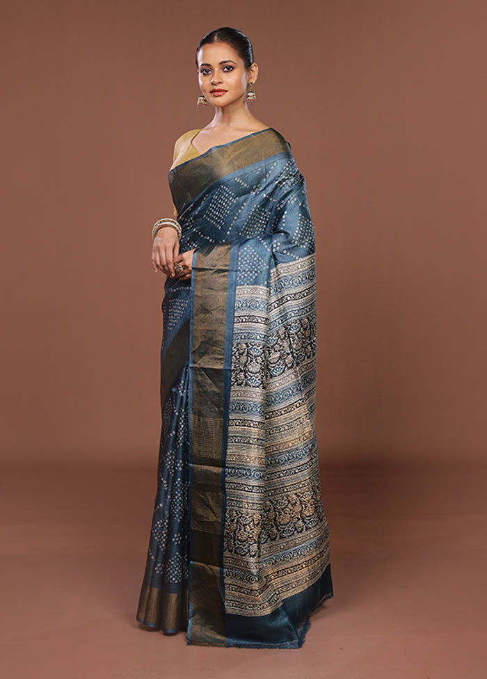 Blue Handloom Tussar Pure Silk Saree With Blouse Piece