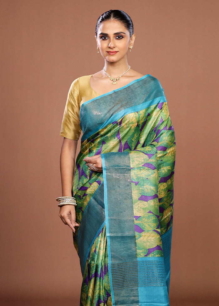 Green Handloom Tussar Pure Silk Saree With Blouse Piece