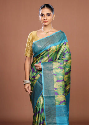 Green Handloom Tussar Pure Silk Saree With Blouse Piece
