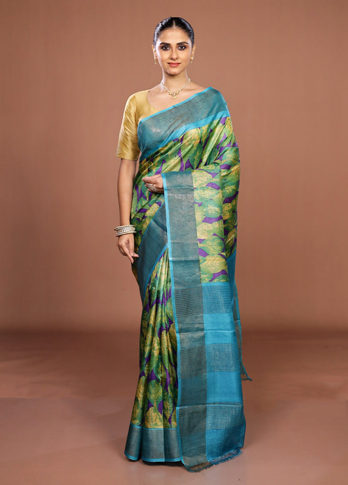 Green Handloom Tussar Pure Silk Saree With Blouse Piece
