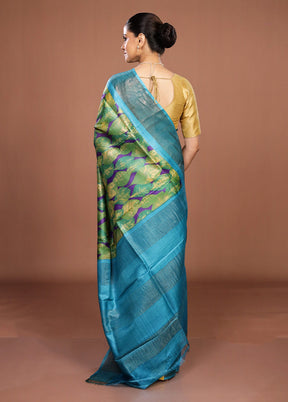 Green Handloom Tussar Pure Silk Saree With Blouse Piece