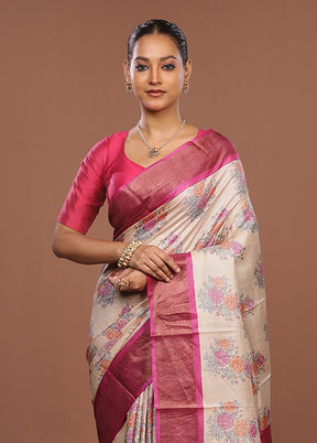 Cream Handloom Tussar Pure Silk Saree With Blouse Piece