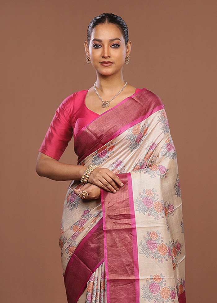 Cream Handloom Tussar Pure Silk Saree With Blouse Piece