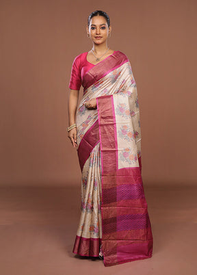 Cream Handloom Tussar Pure Silk Saree With Blouse Piece