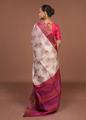 Cream Handloom Tussar Pure Silk Saree With Blouse Piece