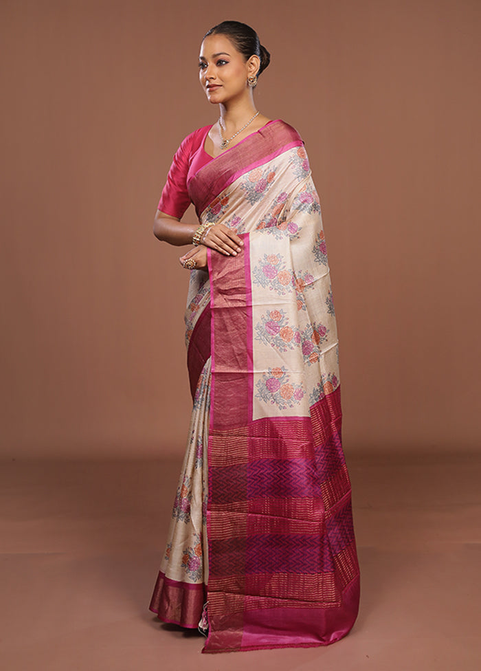 Cream Handloom Tussar Pure Silk Saree With Blouse Piece