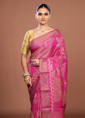 Pink Handloom Tussar Pure Silk Saree With Blouse Piece