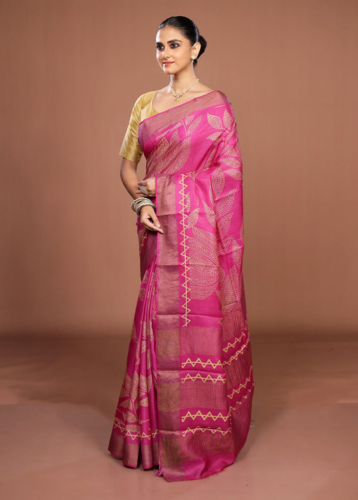 Pink Handloom Tussar Pure Silk Saree With Blouse Piece