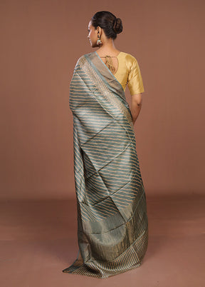 Green Handloom Tussar Pure Silk Saree With Blouse Piece