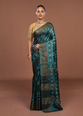 Green Handloom Tussar Pure Silk Saree With Blouse Piece