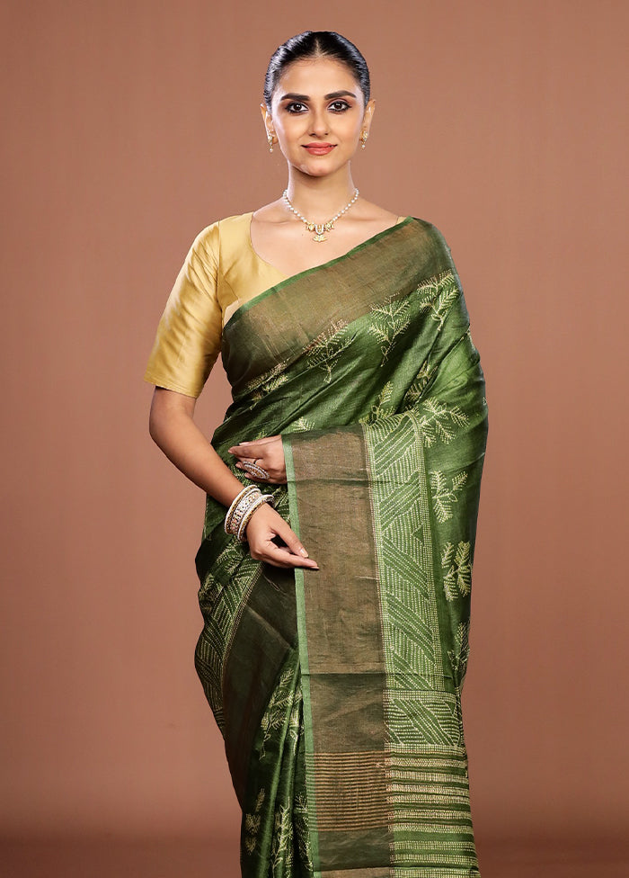 Green Handloom Tussar Pure Silk Saree With Blouse Piece