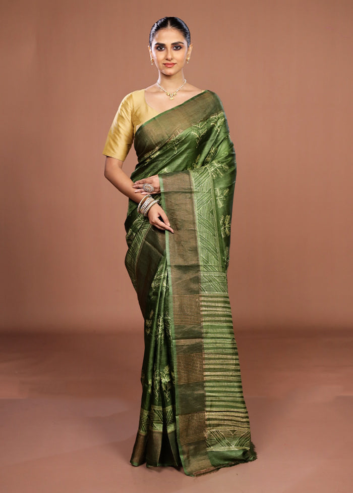 Green Handloom Tussar Pure Silk Saree With Blouse Piece