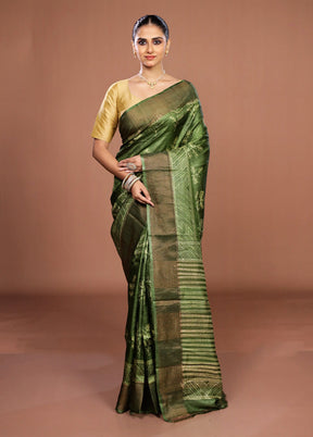 Green Handloom Tussar Pure Silk Saree With Blouse Piece