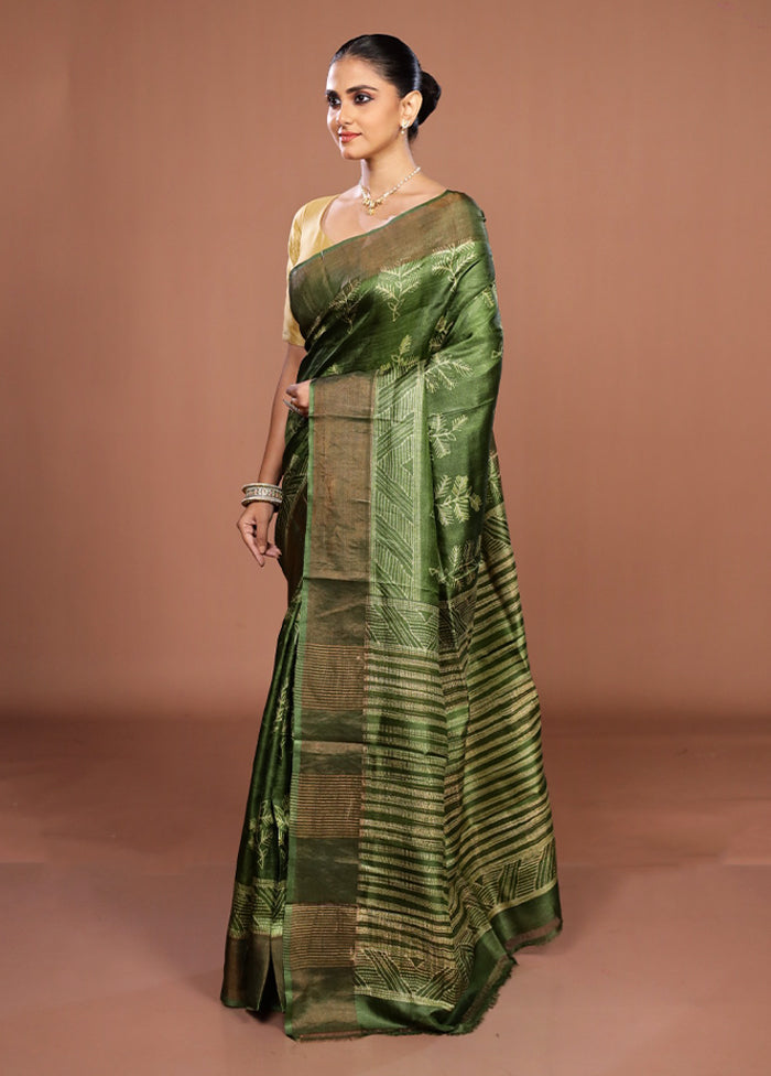 Green Handloom Tussar Pure Silk Saree With Blouse Piece