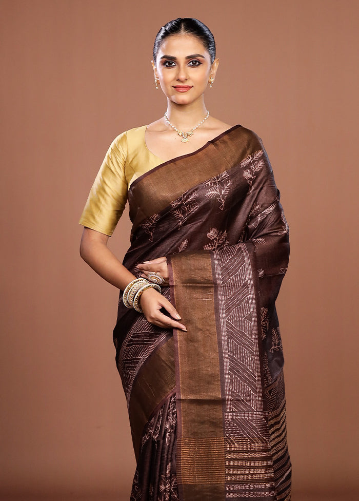 Maroon Handloom Tussar Pure Silk Saree With Blouse Piece