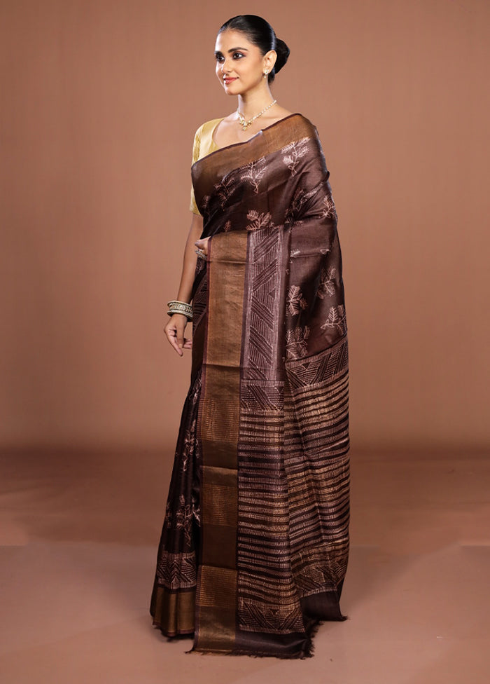 Maroon Handloom Tussar Pure Silk Saree With Blouse Piece