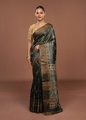 Green Handloom Tussar Pure Silk Saree With Blouse Piece