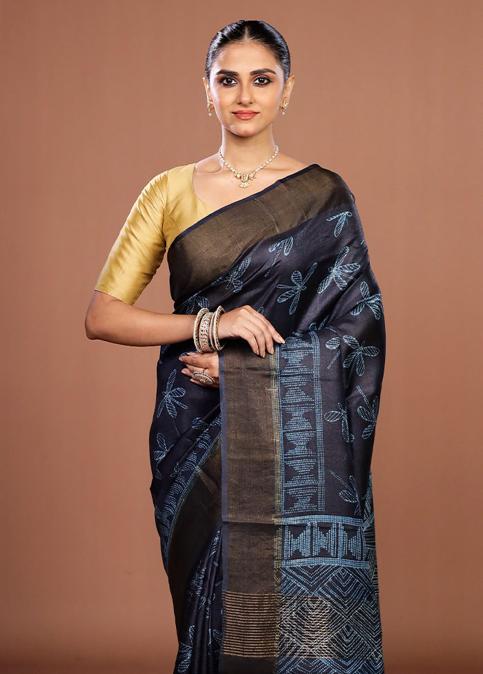 Blue Handloom Tussar Pure Silk Saree With Blouse Piece