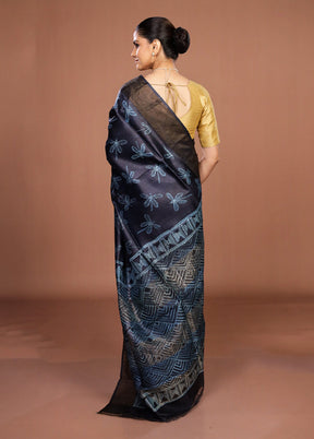 Blue Handloom Tussar Pure Silk Saree With Blouse Piece