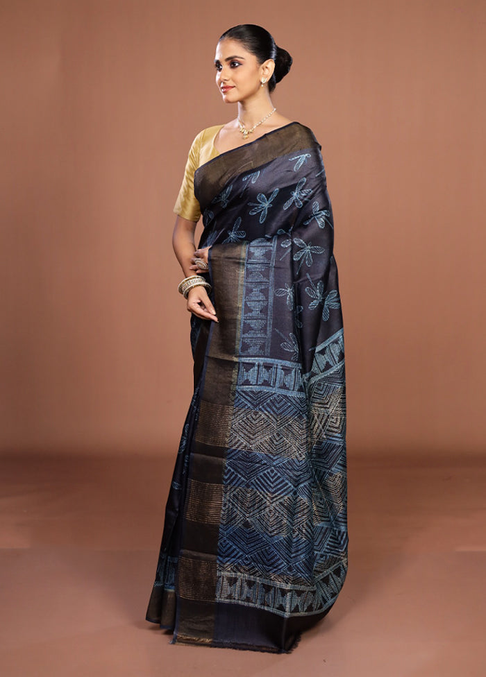 Blue Handloom Tussar Pure Silk Saree With Blouse Piece