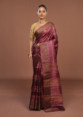 Purple Handloom Tussar Pure Silk Saree With Blouse Piece