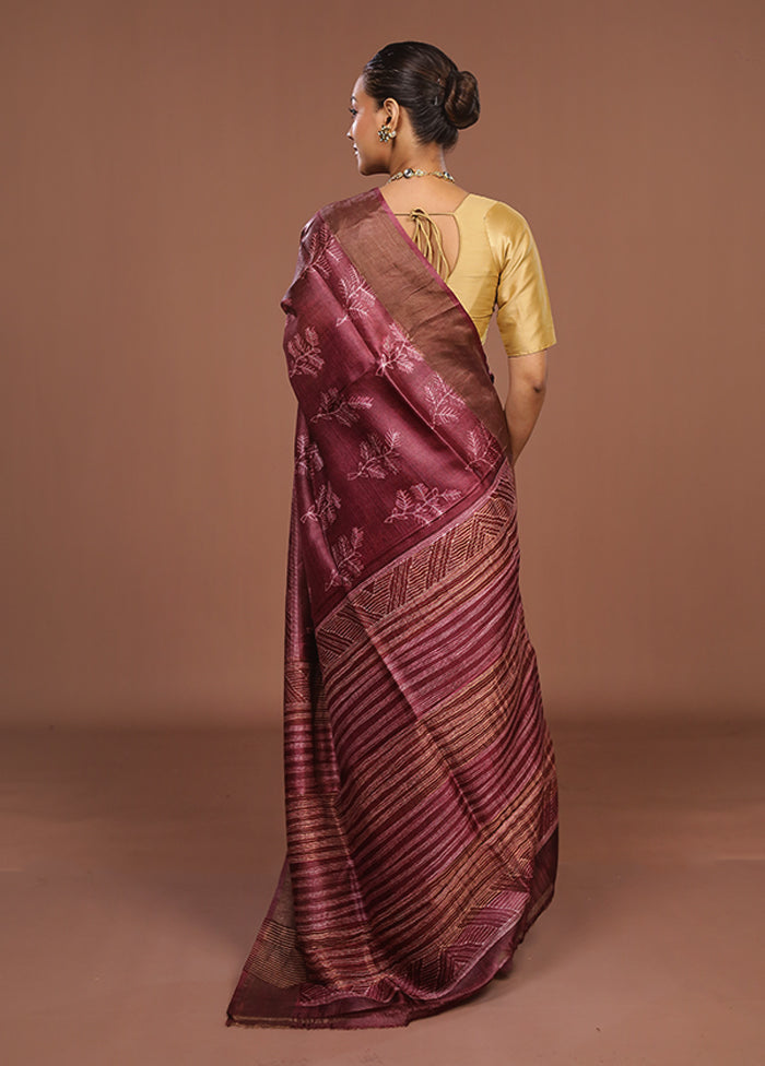 Purple Handloom Tussar Pure Silk Saree With Blouse Piece