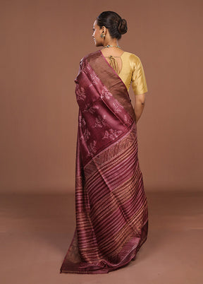 Purple Handloom Tussar Pure Silk Saree With Blouse Piece