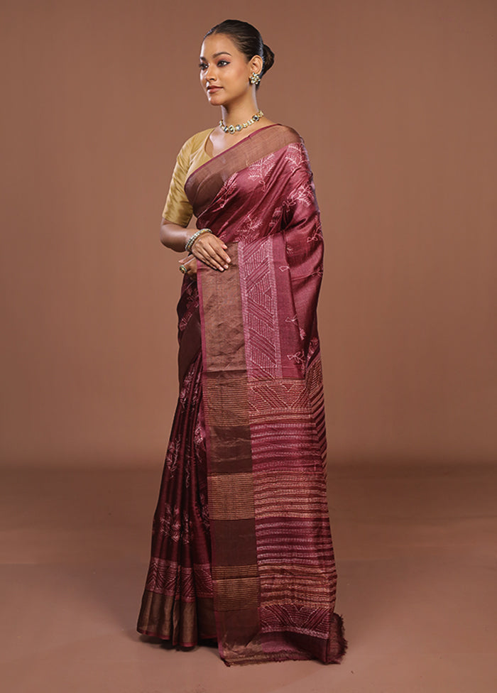 Purple Handloom Tussar Pure Silk Saree With Blouse Piece