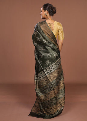 Green Handloom Tussar Pure Silk Saree With Blouse Piece